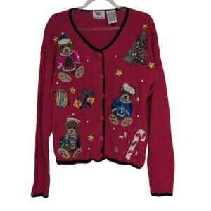 Nutcracker Teddy Bear Cardigan Womens Size Medium Red Christmas Beaded Sequins